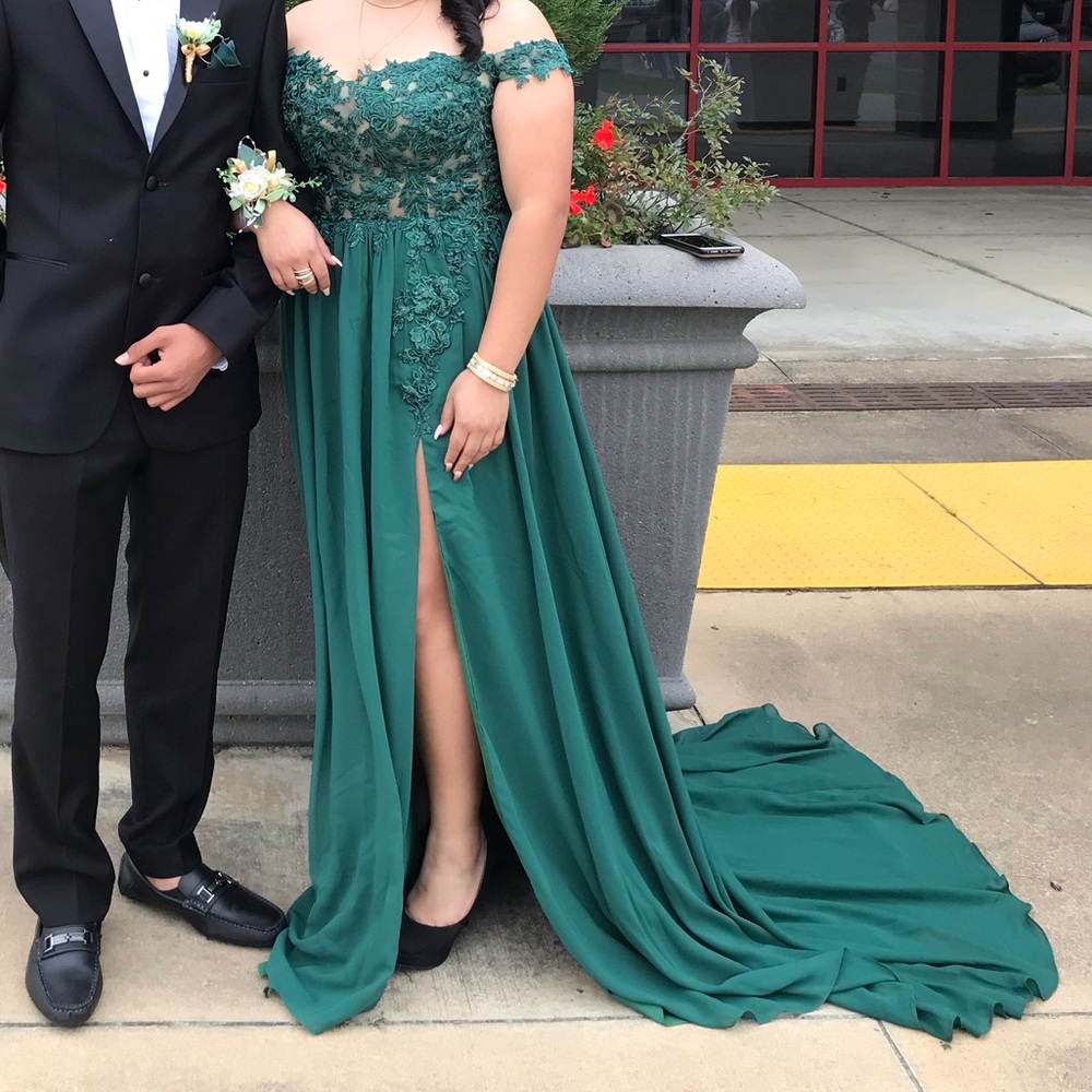 Emerald off the shoulder prom dress